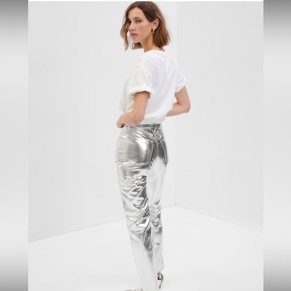 Gap high rise vegan leather silver metallic pants